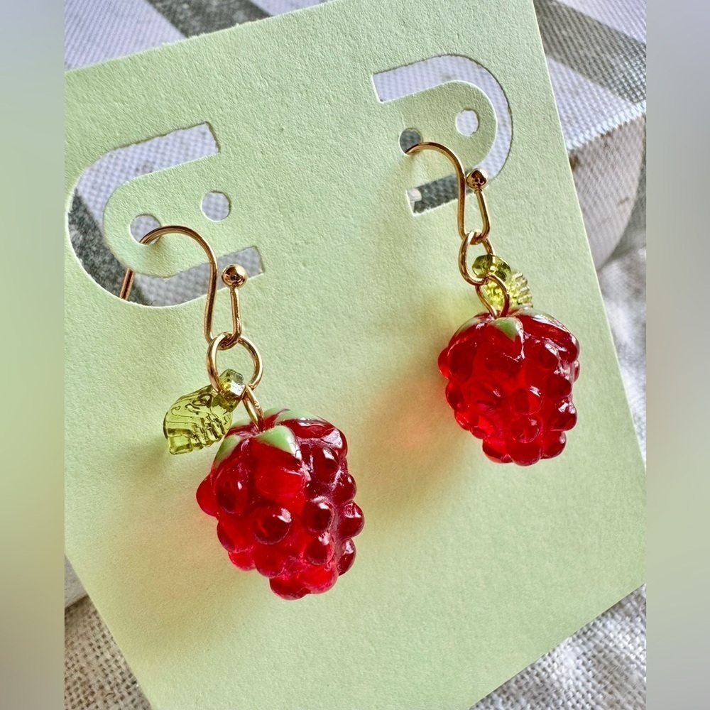 New Whimsical Red Raspberry Fruit & Gold Tone Dangle Earrings - 1.25”